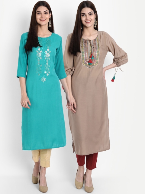 

7Threads Women Turquoise Blue & Mauve Pack of 2 Embroidered Straight Kurta