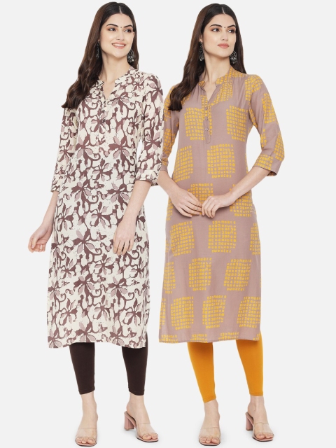 

7Threads Women Pack of 2 Ethnic Motifs Printed Kurta, Yellow