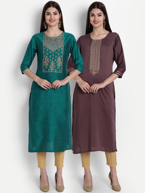 7Threads Women Multicoloured Ethnic Motifs Yoke Design Thread Work Kurta, Multi