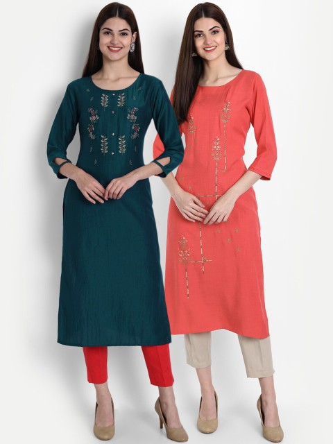 

7Threads Women Multicoloured Embroidered Keyhole Neck Mirror Work Kurta, Multi