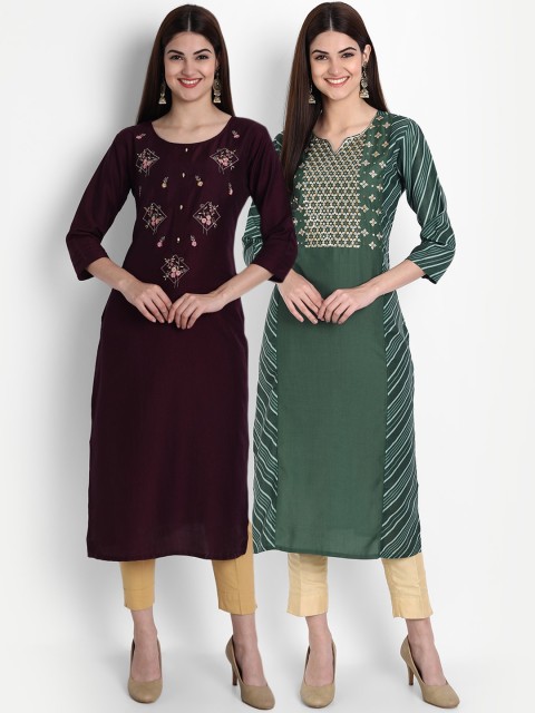 

7Threads Women's cotton Multi Color embroidered Straight Kurta [PACK OF 2]
