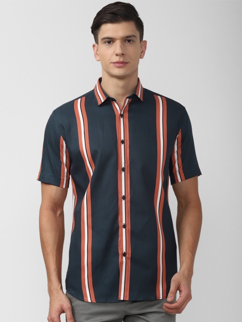

V Dot Men Navy Blue & Orange Slim Fit Striped Casual Cotton Shirt