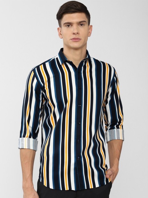 

V Dot Men Navy Blue Slim Fit Striped Casual Shirt