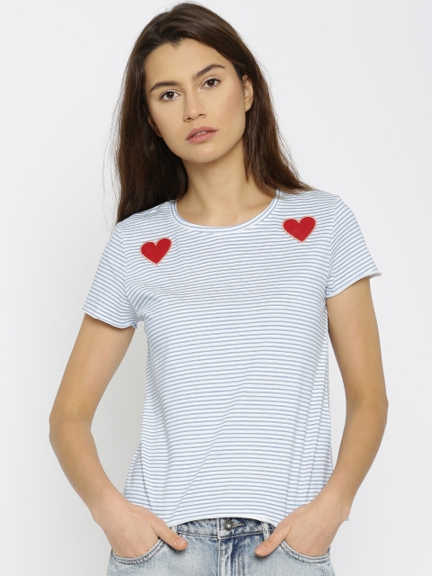 

ONLY Women White & Blue Striped Round Neck T-shirt
