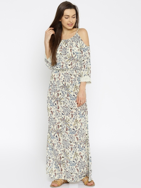 

ONLY Women Off-White & Navy Floral Print Maxi Cold Shoulder Dress