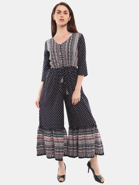 

V-Mart Navy Blue Ethnic Motifs Satin Maxi Dress