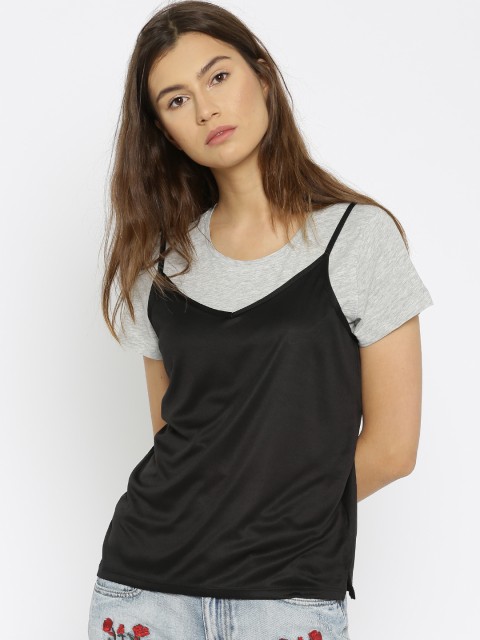 

ONLY Women Black & Grey Melange Layered Solid Top