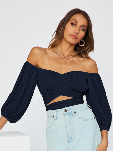 

BoStreet Navy Blue Off-Shoulder Bardot Top