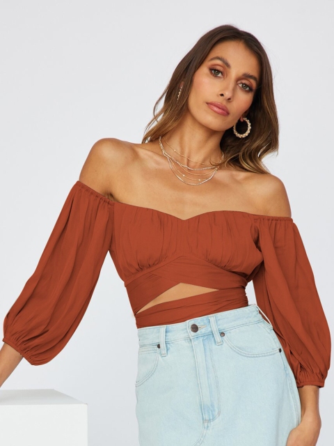 

BoStreet Orange Off-Shoulder Bardot Crop Top