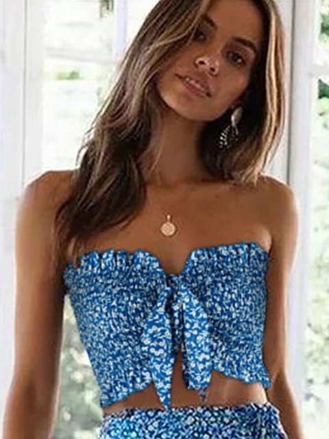 

BoStreet Blue Print Ruffles Tube Crop Top
