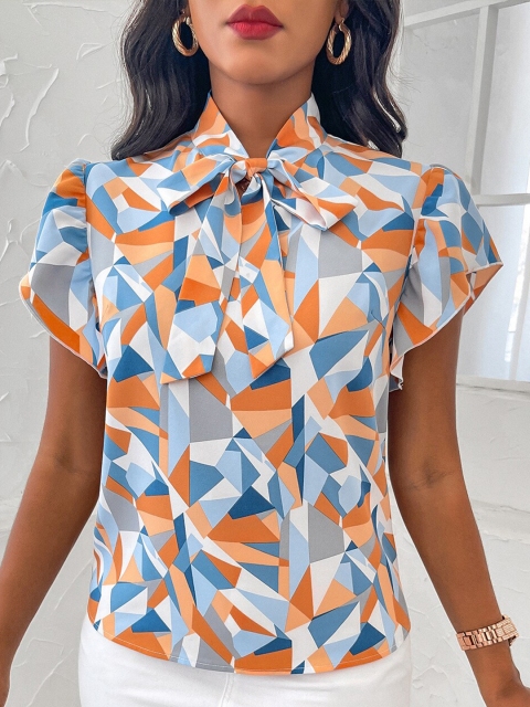 

BoStreet Orange Geometric Print Extended Sleeves Ruffles Top