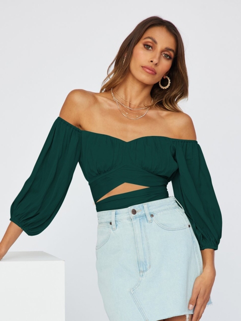

BoStreet Green Off-Shoulder Bardot Crop Top