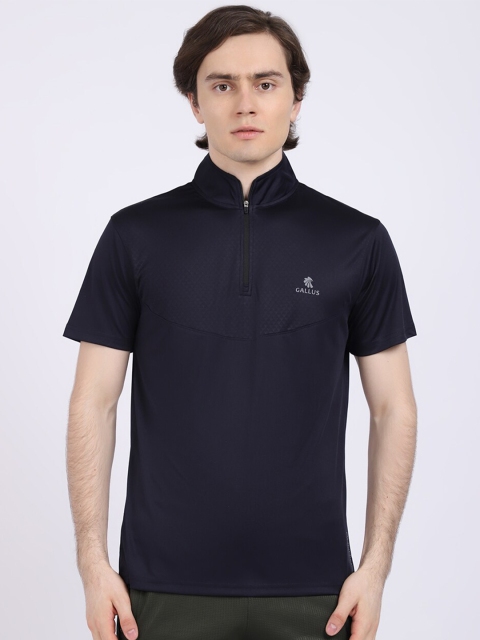 

Gallus Men Navy Blue Mandarin Collar Dri-FIT Applique T-shirt
