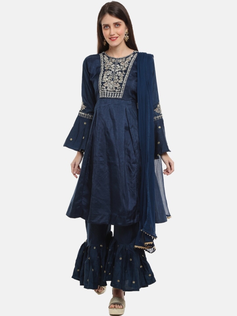 

Desi Mix Women Blue Floral Embroidered Flared Sleeves Mirror Work Anarkali Kurta