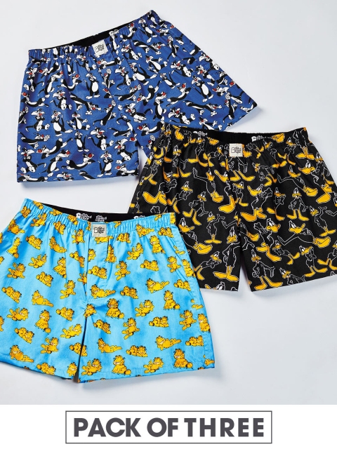 

The Souled Store Men Set of 3 Blue & Black Cartoon Characters Printed Cotton Boxers 195397