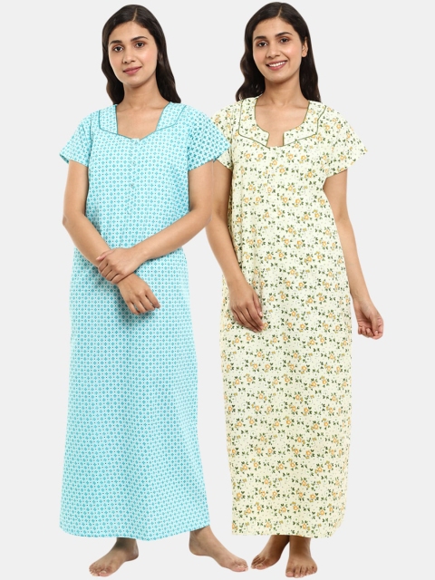 

V-Mart Yellow & Blue Set Of 2 Printed Pure Cotton Nightdress