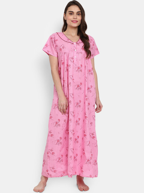 

V-Mart Pink Printed Pure Cotton Maxi Nightdress
