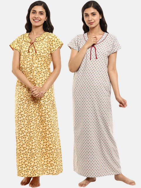

V-Mart Women Yellow & Grey Set of 2 Printed Cotton Maxi Nightdress