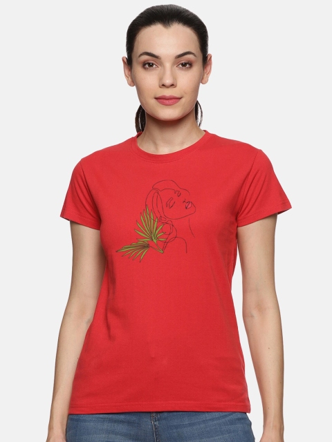 

BEVERLY BLUES Women Red Typography Printed Applique T-shirt