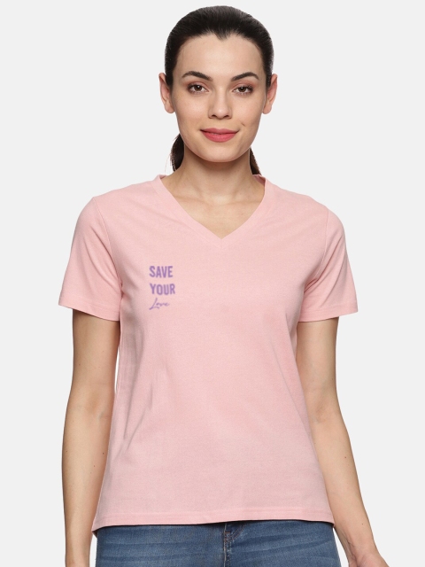 

BEVERLY BLUES Women Peach-Coloured V-Neck Applique T-shirt