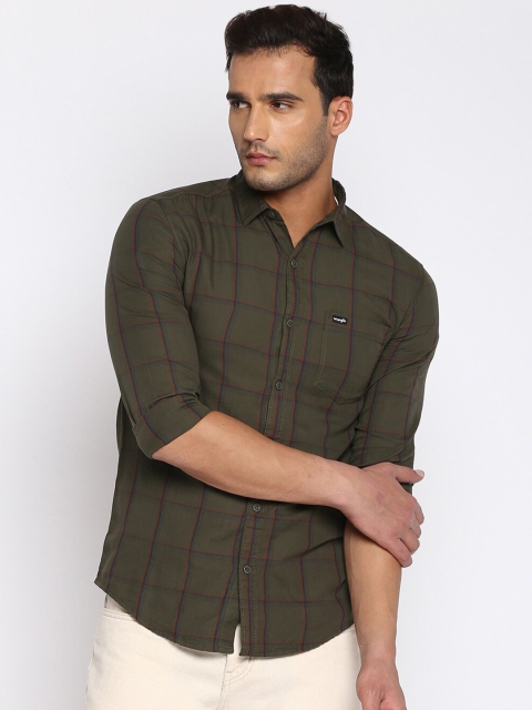 

Wrangler Men Olive Green Windowpane Checked Cotton Slim Fit Casual Shirt