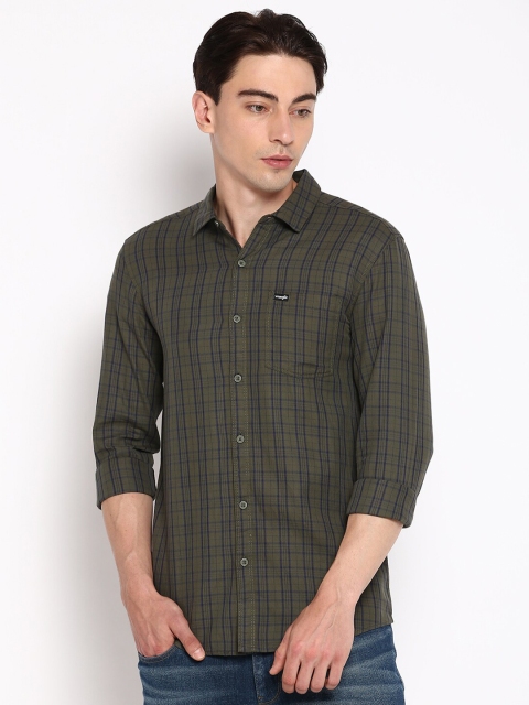 

Wrangler Men Olive Green Slim Fit Tartan Checks Checked Casual Shirt