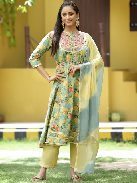 

Juniper Women Green Floral Printed Kurta with Churidar & With Dupatta