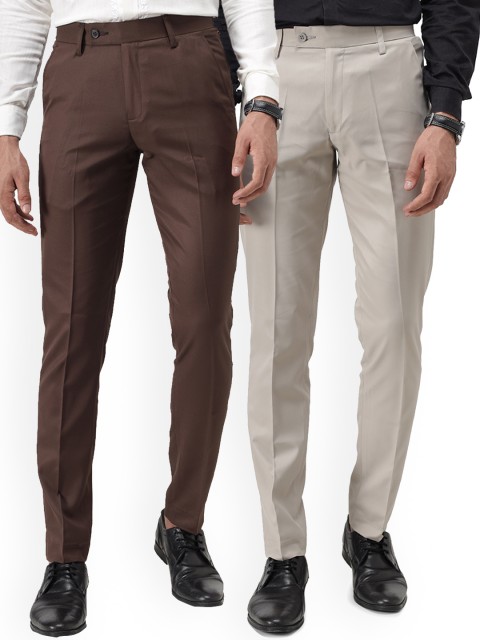 

Vandnam Fabrics Men Pack of 2 Brown & Grey Solid Smart Slim Fit Trousers