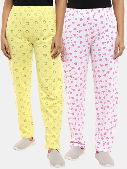 V-Mart Pack of 2 Women Yellow & Off-White Printed Track Pants