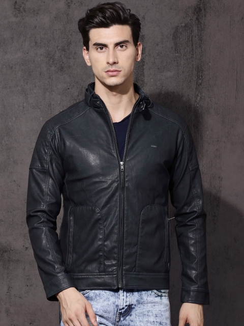 

RDSTR Men Navy Solid Biker Jacket, Navy blue