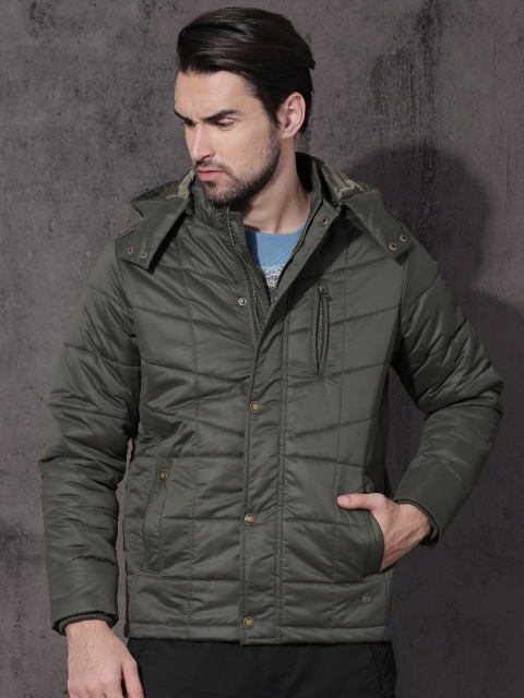 

Roadster Men Olive Green Self Design Quilted Detachable Hood Jacket