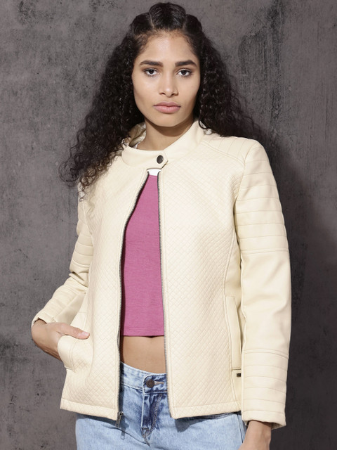 

Roadster Women Cream-Coloured Quilted Biker Jacket