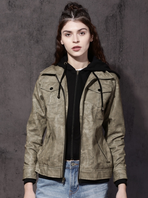 

Roadster Women Green Solid Hooded Jacket