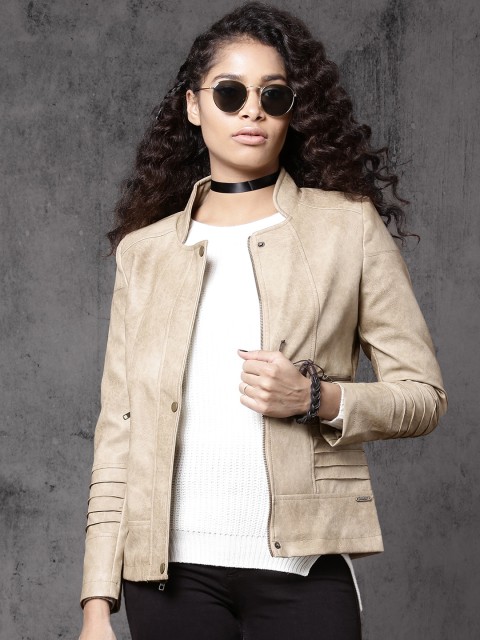 

Roadster Women Beige Solid Biker Jacket