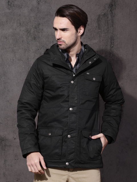 

Roadster Men Black Solid Padded Hooded Jacket