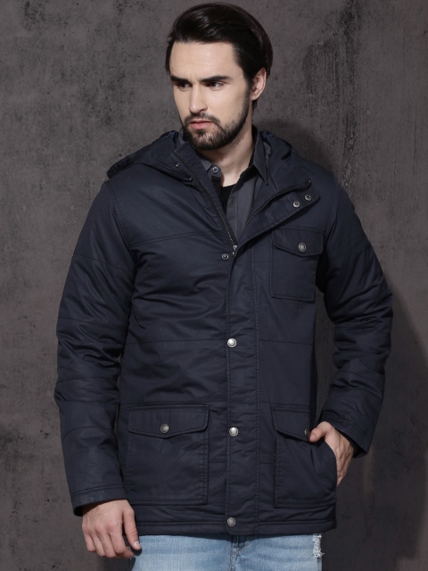 

Roadster Men Navy Solid Padded Hooded Jacket, Navy blue