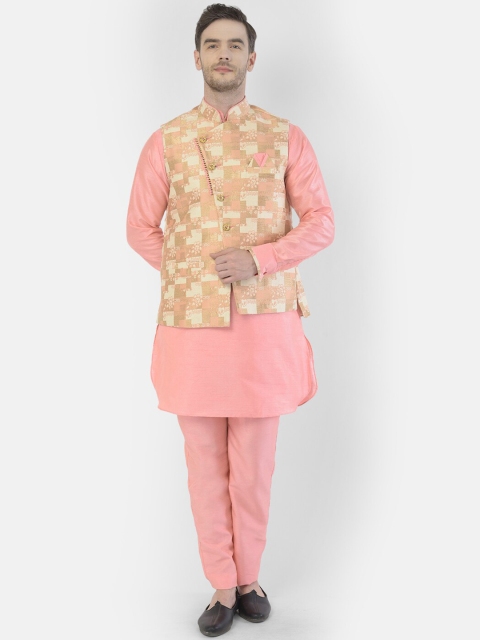 

SG RAJASAHAB Men Peach-Coloured Layered Raw Silk Kurta with Trousers