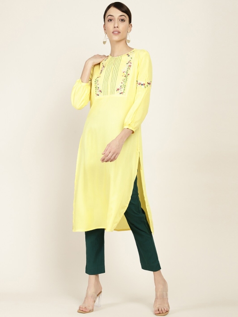 

Soch Women Yellow Floral Embroidered Thread Work Kurta