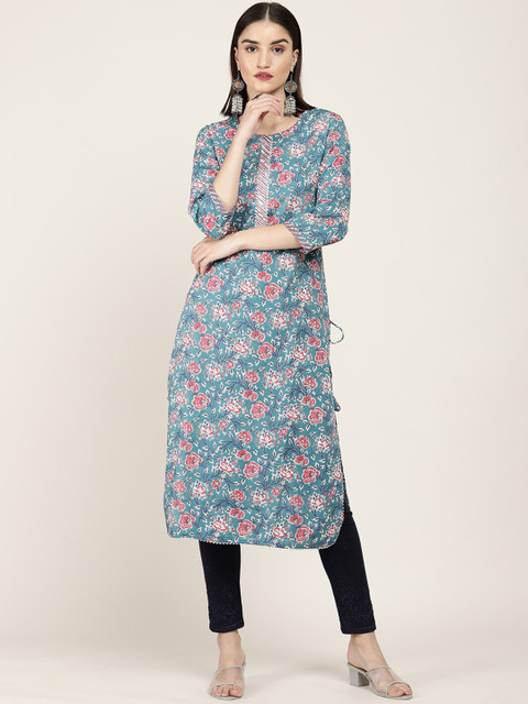 

Soch Women Blue Floral Printed Keyhole Neck Kurta