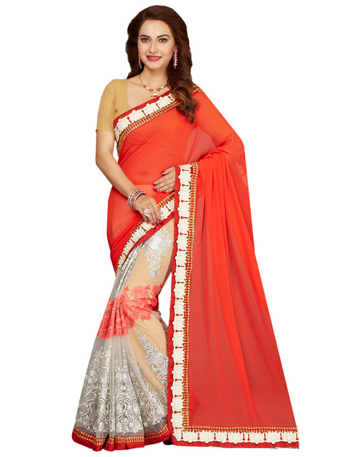 

Shripati Red & Off-White Embroidered Saree