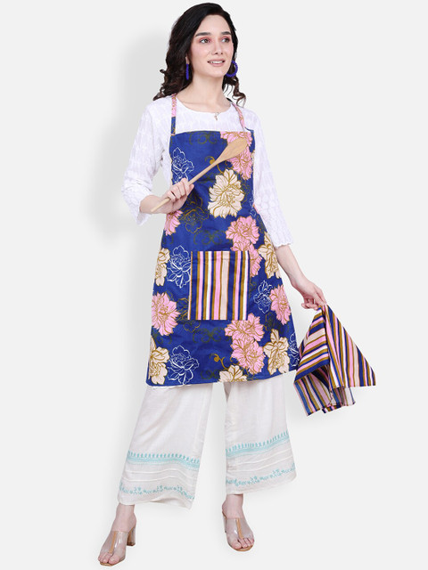 

ROMEE Blue Floral Printed Cotton Kitchen Apron with Napkin