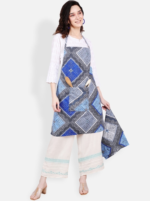

ROMEE Blue & Grey Geometric Printed Cotton Kitchen Apron with Napkin