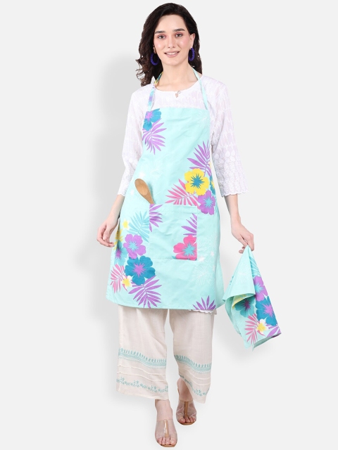 

ROMEE Blue Floral Printed Cotton Kitchen Apron with Napkin