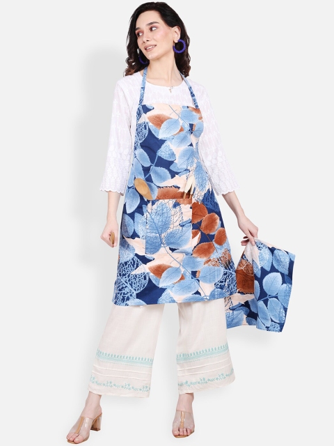 

ROMEE Blue Leafy Printed Cotton Kitchen Apron with Napkin
