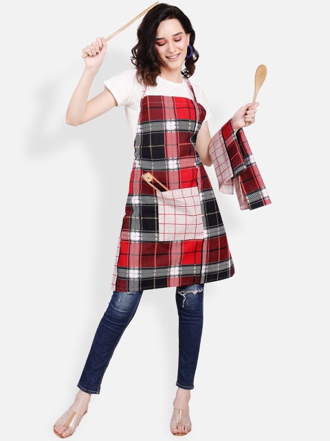 

ROMEE Red Checked Printed Cotton Kitchen Apron with Napkin