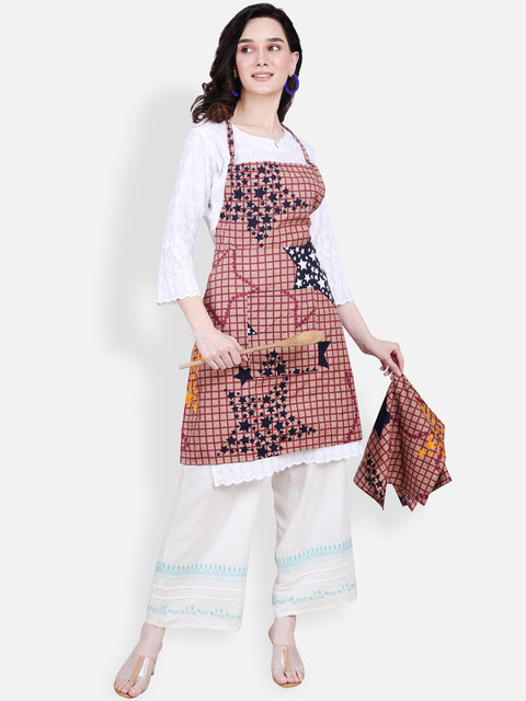 

ROMEE Brown Printed Cotton Kitchen Apron with Napkin