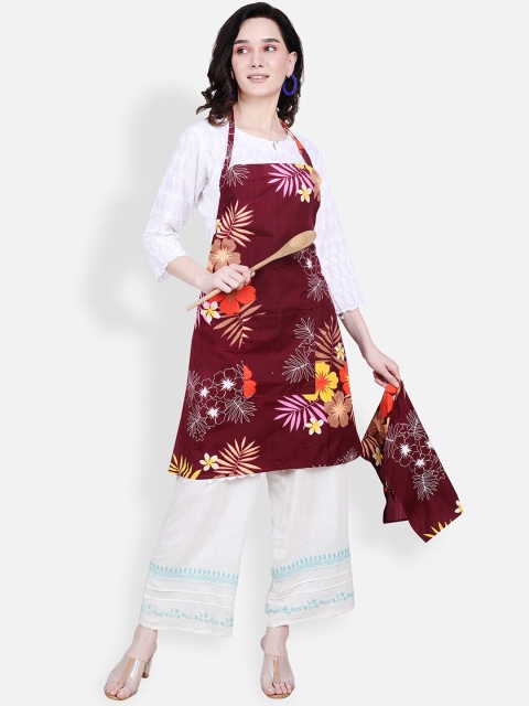 

ROMEE Maroon Floral Printed Cotton Kitchen Apron with Napkin