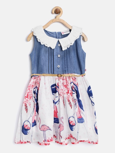 

Peppermint Girls White & Blue Printed Fit & Flare Dress