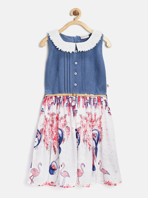 

Peppermint Girls White & Blue Printed Fit & Flare Dress