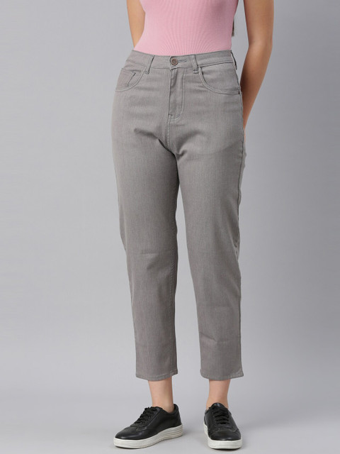 

ZHEIA Women Grey Solid Cotton Relaxed Fit High-Rise Stretchable Jeans